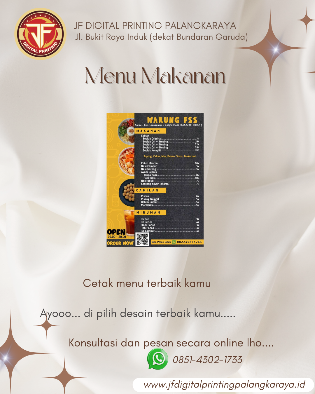 Percetakan Palangkaraya – JF Digital Printing Palangkaraya Melayani Cetak Spanduk, Stiker, Pouch & Lainnya. Harga Murah 2026, Kualitas Terjamin